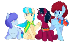 Size: 2177x1286 | Tagged: safe, artist:dariosparks, derpibooru import, oc, oc:navy plight, oc:peaceful shore, oc:stilbruch tingle, oc:warm spark, unofficial characters only, earth pony, pegasus, pony, unicorn, derpibooru community collaboration, 2023 community collab, accessories, blue eyes, clothes, glow, glowing horn, group, horn, image, open mouth, open smile, pink eyes, png, scarf, sitting, smiling, striped scarf, two toned mane