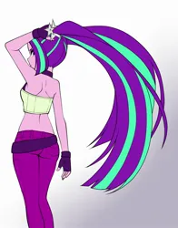 Size: 1800x2300 | Tagged: safe, artist:nekojackun, derpibooru import, aria blaze, equestria girls, arse-ia blaze, bare shoulders, butt, clothes, female, fingerless gloves, gloves, image, jpeg, long hair, looking back, midriff, pants, pigtails, rear view, simple background, solo, twintails, white background