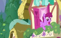Size: 472x290 | Tagged: safe, derpibooru import, screencap, berry punch, berryshine, spring melody, sprinkle medley, earth pony, pegasus, pony, what about discord?, animated, berrybetes, bush, cute, female, flying, image, mare, no sound, ponyville, smiling, snowpity, solo focus, webm, window