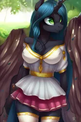 Size: 1024x1536 | Tagged: safe, derpibooru import, editor:craft, machine learning assisted, machine learning generated, purplesmart.ai, stable diffusion, queen chrysalis, anthro, changeling, changeling queen, clothes, dress, female, forest, image, png, schoolgirl, tree