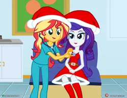 Size: 1017x786 | Tagged: safe, artist:dieart77, derpibooru import, rarity, sunset shimmer, human, equestria girls, checkup, christmas, clothes, costume, duo, duo female, exam room, female, hat, holiday, image, jpeg, nurse, santa costume, santa hat, scrubs (gear), smiling, stethoscope