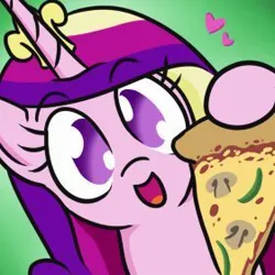 Size: 280x280 | Tagged: safe, artist:jargon scott, derpibooru import, princess cadance, alicorn, pony, avatar, eyebrows, eyebrows visible through hair, floating heart, food, heart, hi anon, hoof hold, image, jpeg, looking at you, meme, no pupils, open mouth, open smile, peetzer, pizza, smiling, smiling at you, solo