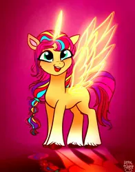 Size: 1074x1368 | Tagged: safe, artist:petaltwinkle, derpibooru import, sunny starscout, alicorn, pony, my little pony: a new generation, artificial horn, artificial wings, augmented, braid, braided ponytail, coat markings, cute, female, floppy ears, g5, gradient background, gradient hooves, horn, image, jpeg, long horn, long mane, looking up, magic, magic horn, magic wings, mare, multicolored hair, open mouth, open smile, ponytail, race swap, rainbow hair, reflection, signature, slim, smiling, socks (coat marking), solo, spread wings, sunnybetes, sunnycorn, thin, unshorn fetlocks, wings