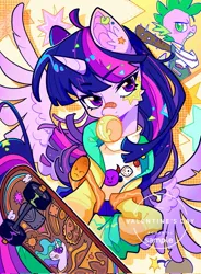 Size: 1505x2048 | Tagged: safe, artist:千雲九枭, derpibooru import, princess celestia, spike, twilight sparkle, twilight sparkle (alicorn), alicorn, pony, bandaid, bandaid on nose, bubblegum, clothes, female, food, gum, image, jpeg, mare, skateboard, solo focus