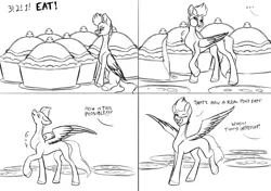 Size: 6054x4273 | Tagged: safe, artist:lightning bolty, derpibooru import, zipp storm, oc, oc:lightning bolty, pegasus, pony, 4 panel comic, absurd resolution, cartoon physics, cheek bulge, comic, crumbs, digestion without weight gain, eating, eating contest, folded wings, food, g5, giant food, gulp, hammerspace, hammerspace belly, hoof fluff, image, licking, licking lips, monochrome, neck bulge, one eye closed, partially open wings, pie, plate, png, pumpkin pie, raised hoof, raised leg, short mane, showing off, sitting, sketch, slim, solo, spread wings, standing, sternocleidomastoid, stuffed cheeks, stuffing, swallowing, talking, tall, thin, throat bulge, tongue out, unshorn fetlocks, wings, wink