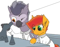 Size: 2805x2217 | Tagged: safe, artist:al solae, derpibooru import, oc, oc:chemical function, oc:galileo, unofficial characters only, earth pony, gryphon, pony, clothes, earth pony oc, female, griffon oc, image, lab, lab coat, mare, microscope, png, test tube