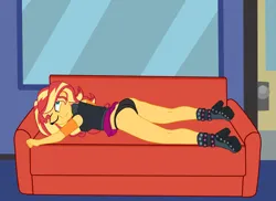 Size: 4727x3448 | Tagged: suggestive, artist:gmaplay, derpibooru import, sunset shimmer, equestria girls, accidental exposure, ass up, bunset shimmer, butt, clothes, couch, image, luna's office, png, solo, underwear, waking up