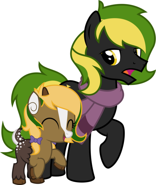 Size: 5000x5933 | Tagged: safe, artist:melisareb, derpibooru import, oc, oc:vermont black, oc:vittaria black, unofficial characters only, deer, deer pony, earth pony, hybrid, original species, pony, derpibooru community collaboration, 2023 community collab, absurd resolution, antlers, clothes, duo, eyes closed, father and child, father and daughter, female, filly, foal, image, interspecies offspring, lidded eyes, male, offspring, open mouth, parent:oc:bada nevada, parent:oc:vermont black, parents:oc x oc, png, raised hoof, scarf, simple background, stallion, transparent background, vector