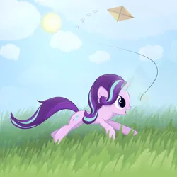 Size: 2000x2000 | Tagged: safe, artist:candy meow, derpibooru import, starlight glimmer, pony, unicorn, :d, cloud, cloudy, female, grass, grass field, high res, image, kite, mare, open mouth, open smile, png, running, smiling, solo, that pony sure does love kites