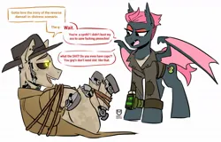 Size: 1109x708 | Tagged: safe, artist:redxbacon, derpibooru import, oc, oc:lily seed, bat pony, earth pony, pony, robot, robot pony, bat pony oc, bat wings, dialogue, fallout, fallout 4, glow, glowing eyes, image, jpeg, nick valentines, pipboy, simple background, synth, tied up, white background, wings