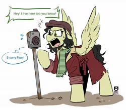 Size: 1125x987 | Tagged: safe, artist:redxbacon, derpibooru import, pegasus, pony, clothes, dialogue, fallout, fallout 4, fanart, image, jpeg, piper wright, scarf, simple background, solo, spread wings, white background, wings