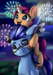 Size: 848x1200 | Tagged: safe, artist:db, derpibooru import, sunny starscout, earth pony, pony, argyle starshine, cute, fake horn, fake wings, father and child, father and daughter, female, filly, filly sunny starscout, fireworks, foal, g5, glasses, image, jpeg, male, sunnybetes, younger