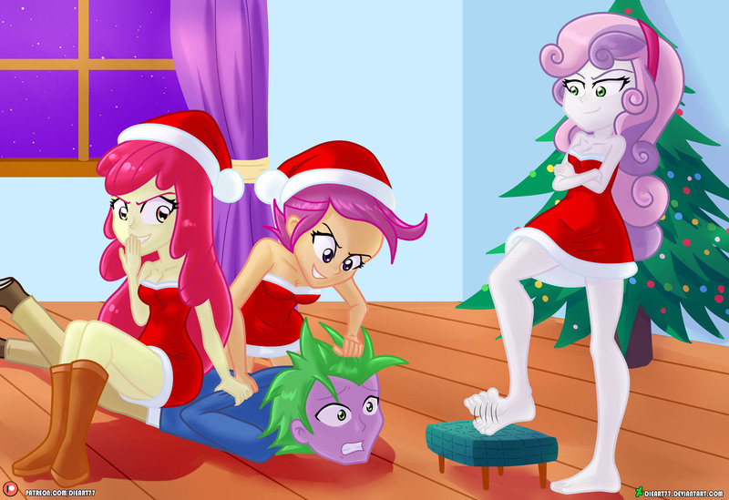 Size: 2000x1373 | Tagged: safe, artist:dieart77, derpibooru import, apple bloom, scootaloo, spike, sweetie belle, human, equestria girls, breasts, christmas, commission, cutie mark crusaders, female, gritted teeth, hat, holiday, human spike, humanized, image, jpeg, male, older, restrained, santa hat, sitting on person, tapping, teeth