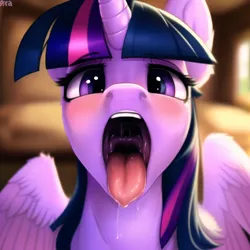 Size: 1024x1024 | Tagged: suggestive, machine learning generated, novelai, twilight sparkle, twilight sparkle (alicorn), alicorn, pony, blushing, drool, female, gullet, image, imminent vore, looking at you, mare, mawshot, offscreen character, open mouth, png, pov, salivating, solo, solo female, teeth, tongue out, twipred, vore