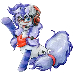 Size: 3640x3612 | Tagged: safe, artist:invalid-david, derpibooru import, oc, oc:cinnabyte, unofficial characters only, earth pony, pony, derpibooru community collaboration, 2023 community collab, clothes, earth pony oc, female, gaming headset, glasses, headset, high res, image, mare, open mouth, open smile, png, raised hoof, simple background, sitting, smiling, socks, solo, striped socks, traditional art, transparent background, watercolor painting