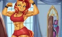 Size: 2480x1500 | Tagged: suggestive, artist:nire, derpibooru import, sunset shimmer, twilight sparkle, twilight sparkle (alicorn), alicorn, anthro, abs, biceps, blushing, bracelet, breasts, clothes, curtains, door, female, flexing, image, jewelry, mirror, muscles, muscular female, png, shorts, smiling, sports bra, sports shorts, sunset lifter, window