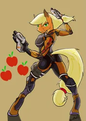 Size: 1357x1919 | Tagged: safe, artist:artsybeowulf, derpibooru import, applejack, anthro, earth pony, unguligrade anthro, applebutt, armor, ashley williams, breasts, busty applejack, butt, crossover, image, looking at you, looking back, looking back at you, mass effect, png, solo, weapon