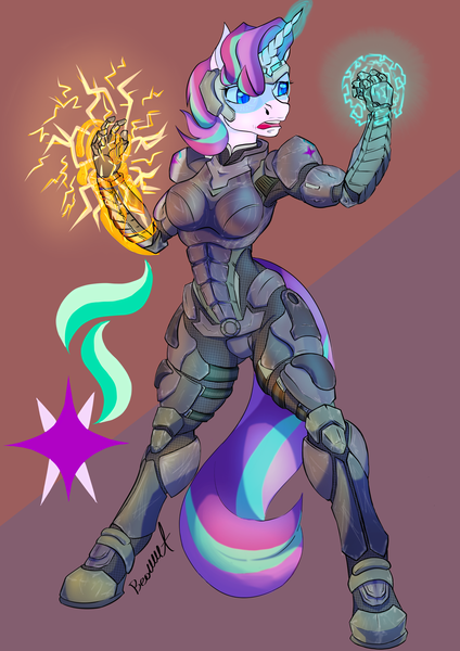 Size: 1357x1919 | Tagged: safe, artist:artsybeowulf, derpibooru import, starlight glimmer, anthro, unguligrade anthro, unicorn, armor, commander shepard, crossover, image, magic, mass effect, png, solo