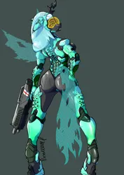 Size: 1357x1919 | Tagged: suggestive, artist:artsybeowulf, derpibooru import, queen chrysalis, anthro, changeling, changeling queen, unguligrade anthro, armor, bugbutt, butt, chrysalass, crossover, edi, female, image, mass effect, png, solo, solo female, weapon