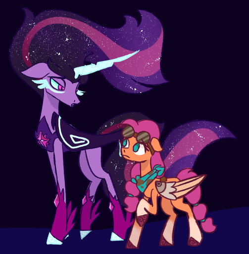 Size: 503x513 | Tagged: safe, artist:butterfly-mak, derpibooru import, sunny starscout, twilight sparkle, twilight sparkle (alicorn), alicorn, earth pony, pony, equestria girls, alternate universe, artificial wings, augmented, duo, female, g5, goggles, goggles on head, image, mare, mechanical wing, midnight sparkle, png, sunny and her heroine, wings