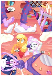Size: 850x1202 | Tagged: suggestive, artist:bbmbbf, applejack, rarity, twilight sparkle, anthro, comic:slumber off list, equestria untamed, look before you sleep, clothes, comic, cookie, food, image, jpeg, lingerarity, milk, pajamas, palcomix, slumber party, spanish