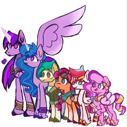 Size: 602x600 | Tagged: safe, artist:butterfly-mak, derpibooru import, hitch trailblazer, izzy moonbow, pipp, pipp petals, sunny starscout, twilight sparkle, twilight sparkle (alicorn), zipp storm, alicorn, earth pony, pegasus, pony, unicorn, alternate universe, artificial wings, augmented, bandana, blaze (coat marking), braid, clothes, coat markings, colored hooves, colored horn, colored wings, facial markings, feathered fetlocks, female, g5, goggles, goggles on head, height difference, horn, image, izzy is tol, jewelry, leg bracelet, male, mane five (g5), mare, mechanical wing, no pupils, older, older twilight, peytral, pipp is short, png, simple background, socks (coat marking), stallion, sunny and her heroine, unshorn fetlocks, wall of tags, white background, wings, wreath