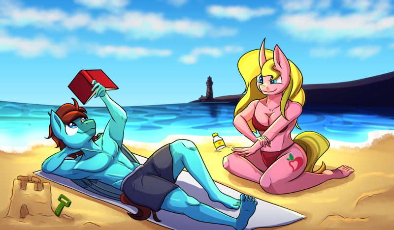 Size: 3200x1870 | Tagged: safe, artist:littletigressda, derpibooru import, oc, anthro, pegasus, plantigrade anthro, unicorn, beach, bikini, bikini bottom, bikini top, book, bottle, breasts, clothes, cloud, commission, complex background, curved horn, cutie mark, digital art, duo, duo male and female, female, horn, image, lighthouse, lying down, male, my little pony, ocean, partial nudity, pegasus oc, png, relaxing, sandcastle, shading, shore, shovel, sunny day, sunscreen, swimsuit, topless, towel, unicorn oc, water, wings