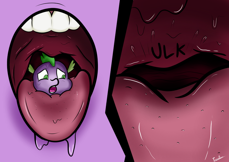 Size: 6508x4601 | Tagged: semi-grimdark, artist:teropone, derpibooru import, spike, twilight sparkle, drool, esophagus, female, giantess, gullet, image, macro, macro/micro, maw, mawshot, micro, open mouth, oral vore, png, salivating, scared, slimy, swallowing, teeth, throat, tongue out, twipred, uvula, vore