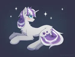 Size: 1993x1521 | Tagged: safe, artist:belkaart0w0, derpibooru import, twilight velvet, pony, unicorn, blue background, blushing, chest fluff, cute, ear fluff, female, image, lying down, mare, png, prone, simple background, solo, starry eyes, stars, velvetbetes, wingding eyes