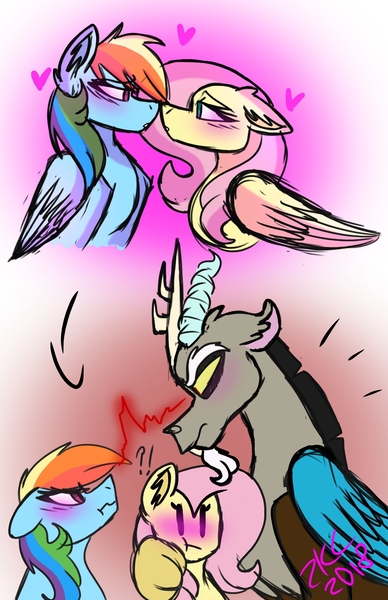 Size: 900x1390 | Tagged: safe, artist:sugarkittycat04, derpibooru import, discord, fluttershy, rainbow dash, angry, blushing, discord is not amused, female, flutterdash, heart, image, imminent kissing, jpeg, lesbian, looking at each other, looking at someone, shipping, stare, unamused