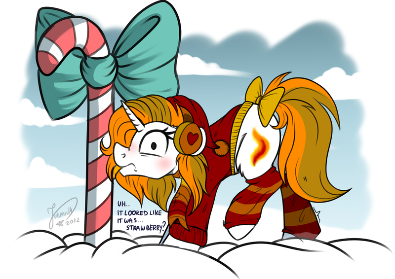 Size: 4093x2894 | Tagged: safe, artist:julunis14, derpibooru import, oc, oc:aurora shinespark, unofficial characters only, pony, unicorn, blushing, bow, candy, candy cane, clothes, cloud, commission, dialogue, earmuffs, embarrassed, female, food, hat, horn, image, leg warmers, mare, png, scarf, signature, silly, silly pony, snow, sweater, tail, tail bow, tongue out, tongue stuck to pole, unicorn oc, your character here