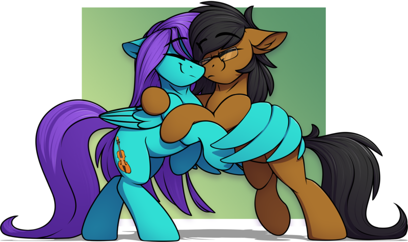 Size: 2189x1300 | Tagged: safe, artist:notetaker, derpibooru import, oc, oc:notetaker, oc:swing time, unofficial characters only, earth pony, pegasus, pony, glasses, hug, image, png, simple background, transparent background, winghug, wings