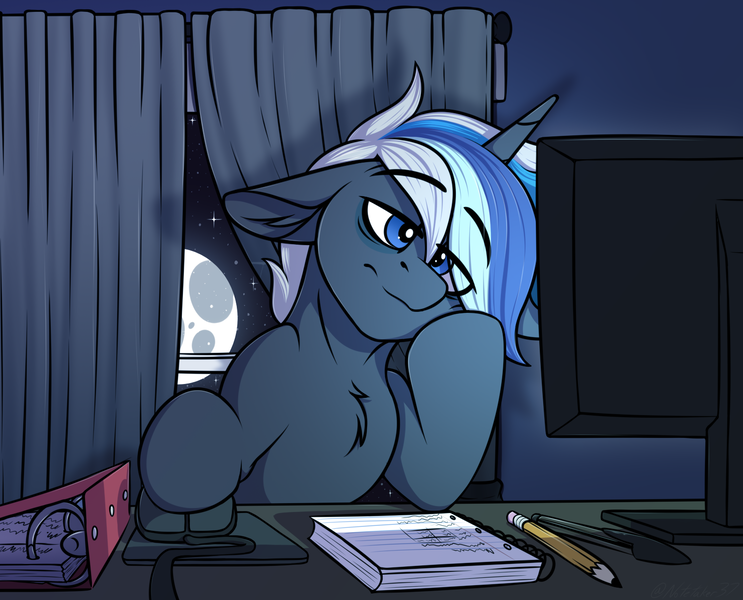 Size: 1503x1214 | Tagged: safe, artist:notetaker, derpibooru import, oc, unofficial characters only, pony, unicorn, binder, computer mouse, curtains, image, monitor, moon, mousepad, notebook, pencil, png, solo