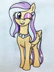 Size: 3024x4032 | Tagged: safe, artist:killerteddybear94, derpibooru import, oc, oc:vanilla pearl, pegasus, pony, ear piercing, earring, image, jewelry, jpeg, looking at you, necklace, one eye closed, pegasus oc, photo, piercing, smiling, solo, traditional art, wings, wink