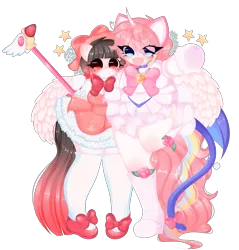 Size: 6435x6721 | Tagged: safe, artist:franshushu, derpibooru import, oc, oc:arwencuack, oc:nekonin, alicorn, anthro, cat, pegasus, :3, clothes, commission, dress, happy, image, magical girl, male, png, sakura kinomoto