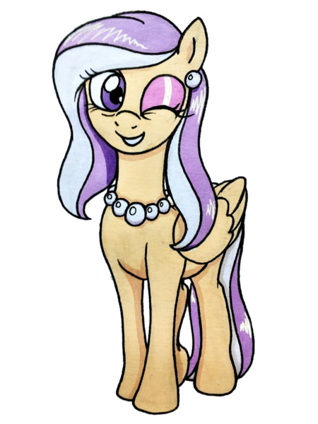 Size: 1350x1800 | Tagged: safe, artist:killerteddybear94, derpibooru import, edit, editor:ciaran, oc, oc:vanilla pearl, pegasus, derpibooru community collaboration, 2023 community collab, ear piercing, earring, image, jewelry, looking at you, necklace, one eye closed, photo, piercing, png, simple background, smiling, traditional art, transparent background, wink