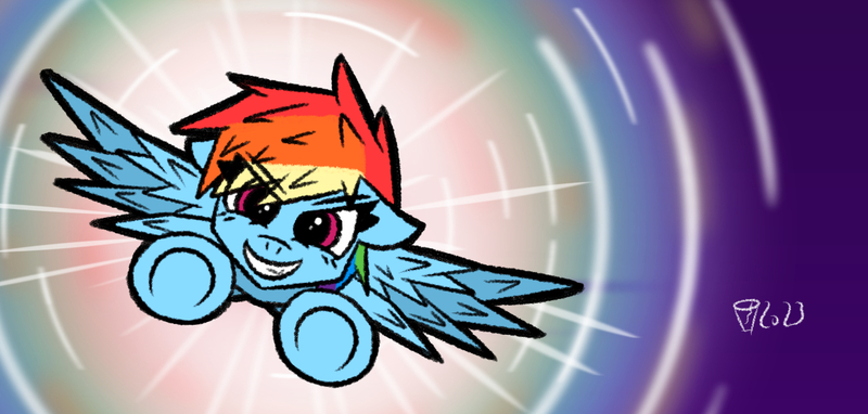 Size: 1215x580 | Tagged: safe, artist:scarletdoodle, derpibooru import, rainbow dash, pegasus, pony, blue coat, female, flying, image, jpeg, mare, multicolored hair, pink eyes, rainbow hair, solo, sonic rainboom