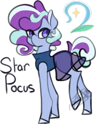 Size: 624x809 | Tagged: safe, artist:butterfly-mak, derpibooru import, oc, oc:star pocus, unofficial characters only, pony, unicorn, clothes, colored ears, colored hooves, cutie mark, female, horn, image, invisible horn, mare, no mouth, png, see-through, see-through skirt, signature, simple background, skirt, solo, transparent background, unicorn oc