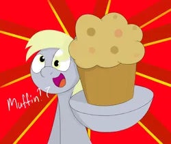 Size: 1120x945 | Tagged: safe, artist:kanw, derpibooru import, derpy hooves, pegasus, pony, derpibooru exclusive, food, image, muffin, offering, open mouth, png, solo, talking to viewer, text