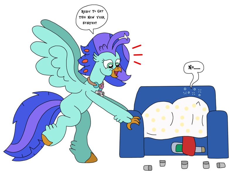 Size: 2668x1978 | Tagged: safe, artist:supahdonarudo, derpibooru import, oc, oc:ironyoshi, oc:sea lilly, unofficial characters only, classical hippogriff, hippogriff, unicorn, alcohol, blanket, camera, champagne, couch, dialogue, excited, glass, hangover, happy new year, holding, holiday, image, jewelry, necklace, png, shot glass, simple background, speech bubble, text, transparent background, under blanket, wine