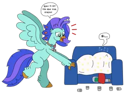 Size: 2668x1978 | Tagged: safe, artist:supahdonarudo, derpibooru import, oc, oc:ironyoshi, oc:sea lilly, unofficial characters only, classical hippogriff, hippogriff, unicorn, alcohol, blanket, camera, champagne, couch, dialogue, excited, glass, hangover, happy new year, holding, holiday, image, jewelry, necklace, png, shot glass, simple background, speech bubble, text, transparent background, under blanket, wine