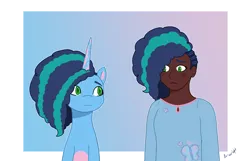 Size: 2800x1800 | Tagged: safe, artist:briarlightswish, derpibooru import, human, pony, unicorn, g5, clothes, colored fetlocks, colored lineart, cornrows, cute, cutie mark, cutie mark on clothes, dark skin, duo, female, freckles, green eyes, human ponidox, humanized, image, mare, misty brightdawn, mistybetes, png, sad, self paradox, self ponidox, simple background, transparent background