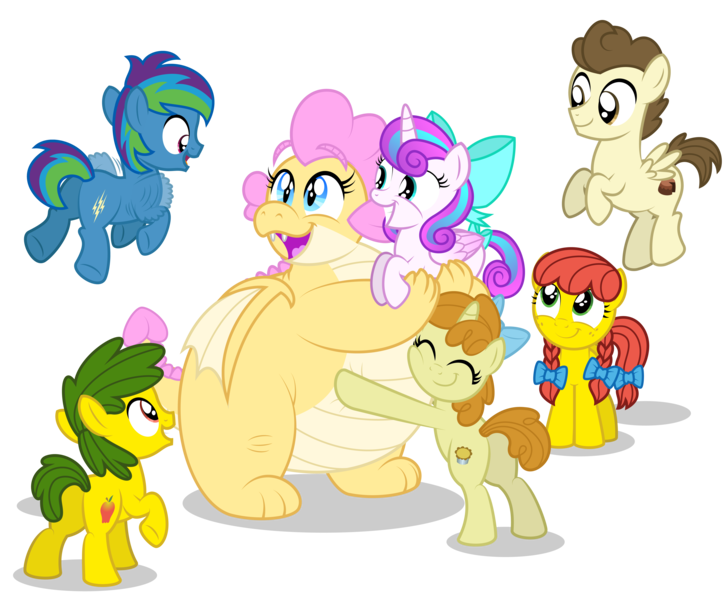 Size: 5355x4413 | Tagged: safe, artist:aleximusprime, derpibooru import, pound cake, princess flurry heart, pumpkin cake, oc, oc:annie smith, oc:apple chip, oc:buttercream the dragon, oc:storm streak, dragon, belly hug, bow, chubby, cute, dragon oc, dragoness, female, happy, hug, image, non-pony oc, northern drake, pigtails, plump, png, spike's family, spike's sister