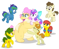 Size: 5355x4413 | Tagged: safe, artist:aleximusprime, derpibooru import, pound cake, princess flurry heart, pumpkin cake, oc, oc:annie smith, oc:apple chip, oc:buttercream the dragon, oc:storm streak, dragon, belly hug, bow, chubby, cute, dragon oc, dragoness, female, happy, hug, image, non-pony oc, northern drake, pigtails, plump, png, spike's family, spike's sister