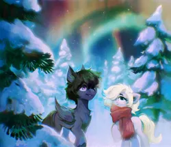 Size: 3527x3031 | Tagged: safe, artist:dearmary, derpibooru import, oc, oc:fenris ebonyglow, oc:kara waypoint, unofficial characters only, earth pony, original species, pegasus, pony, timber pony, timber wolf, aurora borealis, clothes, forest, image, jpeg, scarf, snow, species swap, tree, winter