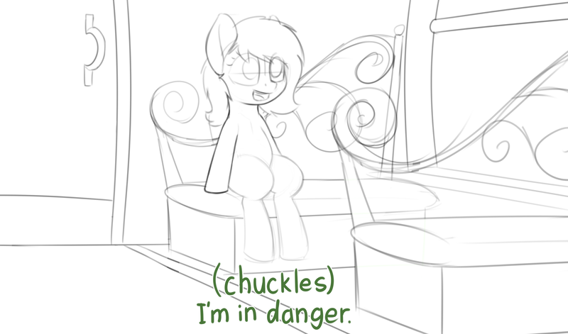 Size: 4000x2354 | Tagged: safe, artist:smoldix, oc, oc:anonfilly, unofficial characters only, pony, caption, chest fluff, dialogue, door, female, filly, i'm in danger, image, meme, open mouth, png, ralph wiggum, seat, sitting, sketch, solo, the simpsons, train, train car, window, wip