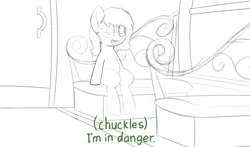 Size: 4000x2354 | Tagged: safe, artist:smoldix, oc, oc:anonfilly, unofficial characters only, pony, caption, chest fluff, dialogue, door, female, filly, i'm in danger, image, meme, open mouth, png, ralph wiggum, seat, sitting, sketch, solo, the simpsons, train, train car, window, wip