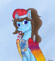 Size: 1528x1710 | Tagged: safe, artist:valdemar, derpibooru import, oc, unofficial characters only, alicorn, pony, bust, candy, candy cane, christmas, clothes, cute, female, food, hat, holiday, image, looking at you, mare, png, portrait, scarf, snow, snowfall, solo