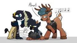 Size: 2940x1656 | Tagged: safe, artist:venseyness, derpibooru import, oc, oc:aiteal ó broin, oc:gráinne ó broin, oc:selen ó broin, unofficial characters only, deer, gryphon, clothes, concertina, deergriff, image, music, music notes, musical instrument, png, simple background, white background