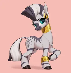 Size: 2680x2755 | Tagged: safe, artist:aquaticvibes, derpibooru import, zecora, pony, zebra, bracelet, cute, female, image, jewelry, looking at you, mare, neck rings, png, raised hoof, red background, simple background, slim, smiling, smiling at you, solo, thin, zecorable
